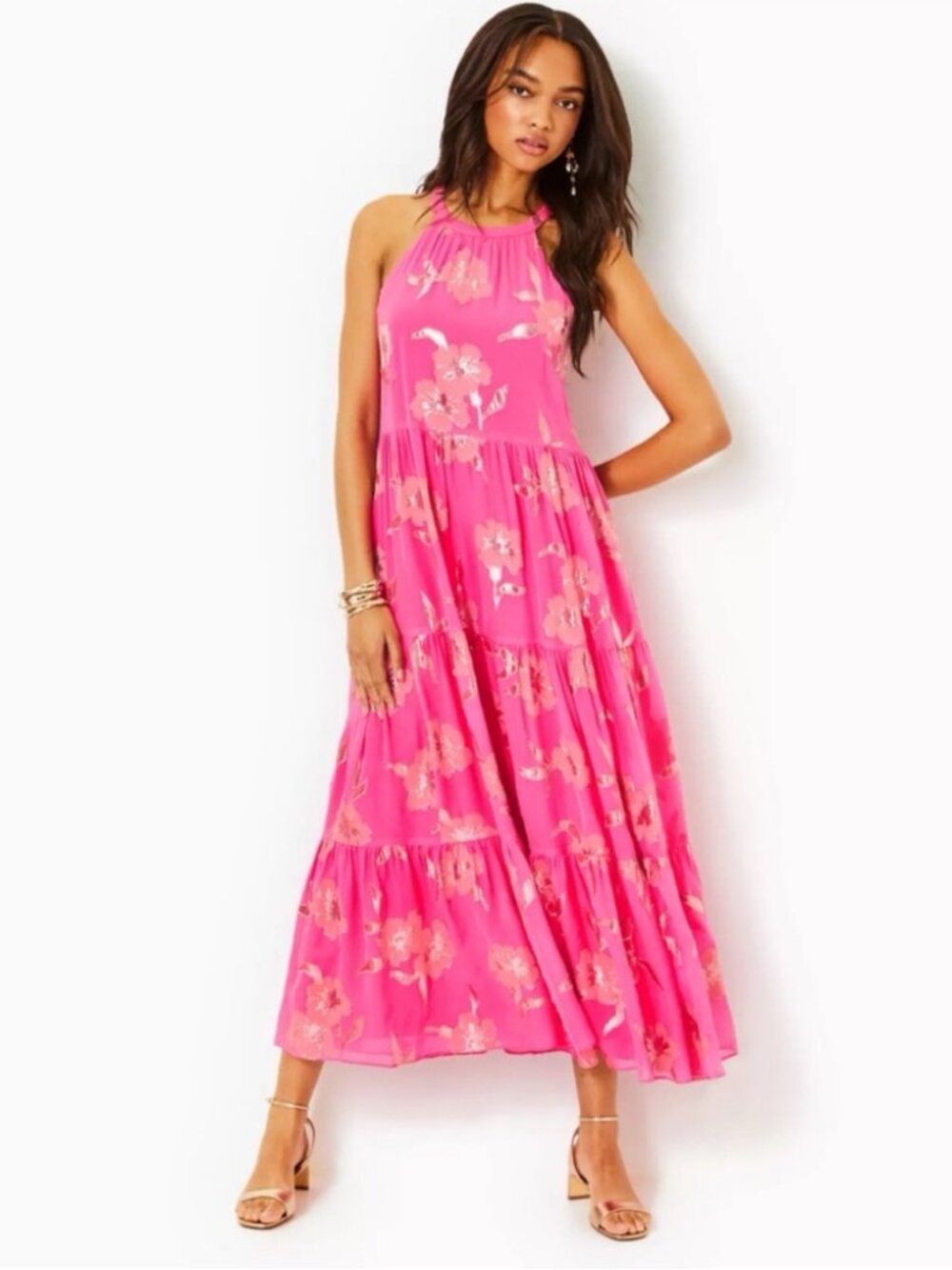 Lilly Pulitzer Beccalyn Halter Maxi Dress Pink Gold Floral S
